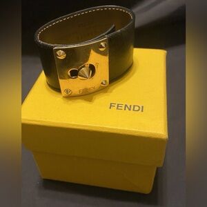 FENDI Women’s Vintage Bracelet In Box Patent Leather Cuff with Gold Accent